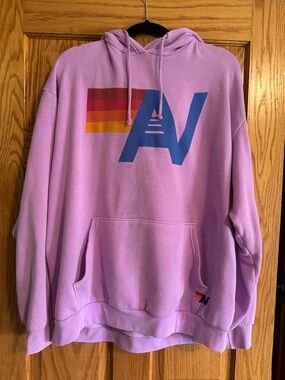 Aviator Nation Lavender Graphic Pullover Hoodie with Blue Logo